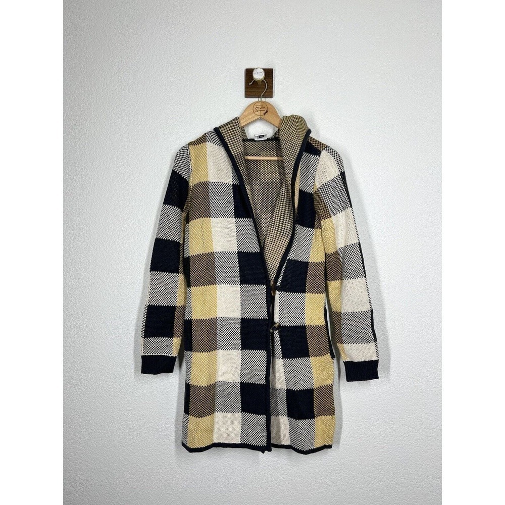 Cabi Sweater Coat Hooded Cardigan Plaid XS Style 4229 Yellow Navy White